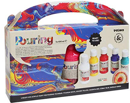 PRIMO Hobby & Professional - Malkoffer für Künstler ab 14 Jahren, 5 Professionelle, Acrylfarben Set für die Permanente Pouring-Technik 100 ml, Acrylfarbenlack Kreatives Basteln und Hobby