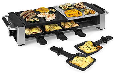 Klarstein Bistecca - Raclette-Grill, 1200 Watt, 2-in-1: antihaft-beschichtete Metall-Grillplatte & Natursteinplatte, Edelstahl-Heizelement, regulierbarer Thermostat, silber