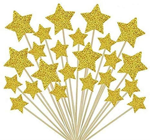 Kuchendekoration Stern,Star Cupake Toppers Sticks 50 Stück Glitter Kuchen Topper Glitter Picks Cocktail Sticks für Kinder Party Kuchen Dekoration Geburtstag Deko Party Gegenstände Goldene 9.2CM