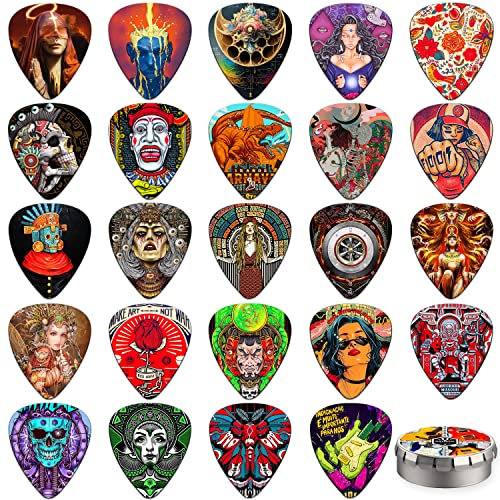 Guitar Picks, 24 Stück Plektrum 0.46/0.71/0.96/1.20mm 4 Verschiedene Stärke Zelluloid Plektron,Gitarren Plectrum für Akustikgitarre, E-Guitar, Bass,Ukulele(Mix-4)