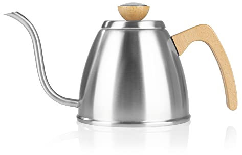 POUR OVER Wasserkessel mit integriertem Thermometer | Schwanenhals-Ausguss | Für Induktions-, Elektro- & Glaskeramikkochfelder | Rostfreier Edelstahl & Holz-Applikationen | 0,9 l Fassungsvermögen
