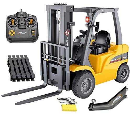 BAKAJI Muletto Radiocomandato Giocattolo Bambini Scala 1:10 in Metallo Carrello Elevatore Funzionante 8 Funzioni Luci Suoni Accessori e Radiocomando Curato in Ogni Dettaglio 45 x 30 x 16 cm