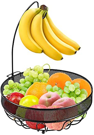 Fruit Bowl with Banana Hanger – Metal Wire Fruit Basket for Kitchen Counters – 2 in 1 Fruit Rack for Storing & Organizing Fruit Vegetables Snacks Bread – Bronze
