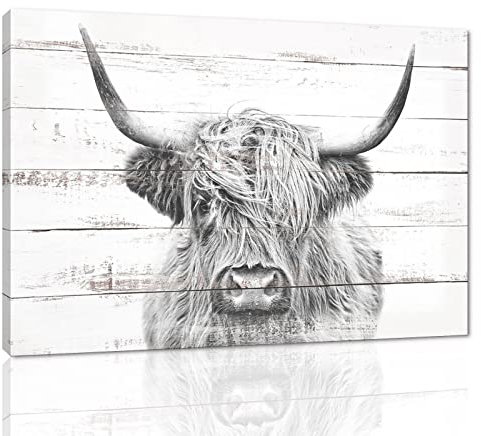 Tier-Wandkunst, Bauernhaus-Stil, Highland-Rinder, Leinwand, Poster, Hochland-Rinderdekoration, Holzpaneel, Hintergrund, Haustür, Wanddekoration mit Holzrahmen, zum Aufhängen – 61 cm Hx91 cm B