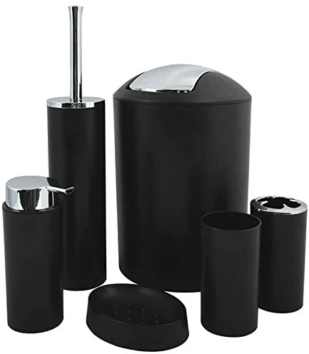 TIENDA EURASIA - Set de Accesorios Baño de 6 Piezas, Incluye Papelera Baño de 5 litros, Dispensador Jabon Baño de 300 ml, Escobilla de Baño, Vaso, Vaso para Cepillos y Jabonera Baño, (Negro)