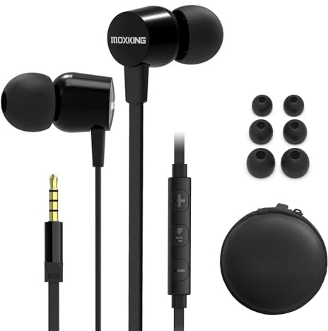 MOXKING Wired Tangle Free Earphones With for kids women small ears, Comfortable and Lightweight Flat Cable Ear bud with Microphone and Volume Control for Cell Phone Laptop