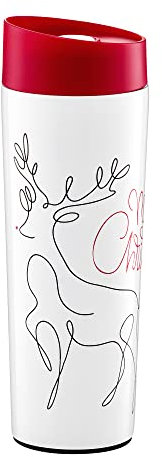 AMBITION Kaffeebecher to go Isolierbecher 340 ml Edelstahl Klick-Verschluss weiß mit rotem Deckel Weihnachtsmuster doppelwandig Line Art Kollektion Rentier