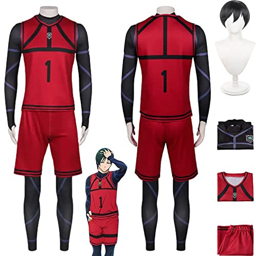 Tjmiaohao Anime Blue Lock No.1 Rin Itoshi Cosplay Kostüm Outfit Football Jersey Sportswear Uniform Full Set Halloween Karneval Party Dress Up Anzug mit Perücke für Herren Jungen (S)