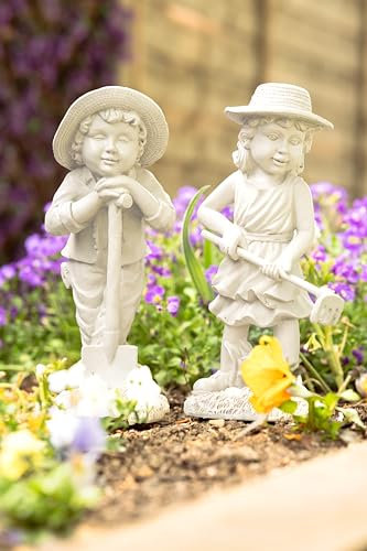 garden mile Ensemble de statues de jardinage effet pierre blanche pour enfants garçon et fille - Grande décoration de jardin en résine pour terrasse, parterres de fleurs, étang, pelouse - Décoration