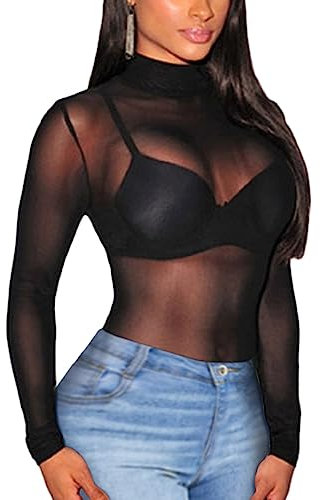 MAYFASEY Women's Basic Long Sleeves Mesh Sheer Tops See Through Blouse Clubwear, Black, XXL