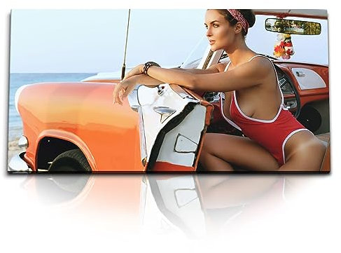 Paul Sinus Kunstdruck Bilder 120x60cm Oldtimer 50er Jahre junge Frau Bikini Strand Sommer