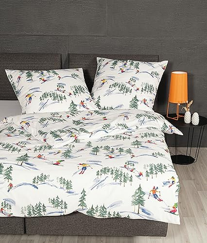 Janine Bettwäsche 135x200cm + 80x80cm Davos - weicher Bettbezug aus Feinbiber - mit Reißverschluss - 100% Baumwolle - Öko-Tex - tannengrün Multicolor