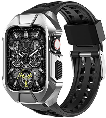 INFRI Caja de reloj de acero+banda de reloj de goma para Iwatch 44mm 45mm Cubierta de metal MOD Kit Protector Bisel Correa para Apple Watch 8 7 6 5 4 SE, 45mm For 8/7, Plástico, Agate