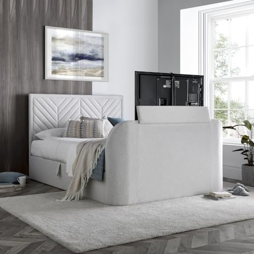 happybeds Fabric Ottoman Bed, Sherlock Natural Fabric Ottoman Electric Media TV Bed, Double, King, Super King Size (5ft King Size)