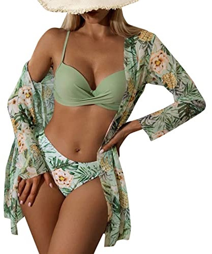 3 Teilig Bikini Damen Set, Zweiteilig Badeanzug Damen mit Bikini Cover Up Brazilian Bikini Push Up Elegant Blumenmuster Bikini-Sets Kimono Sonnenschutz Bademode Badeanzüge Swimsuit