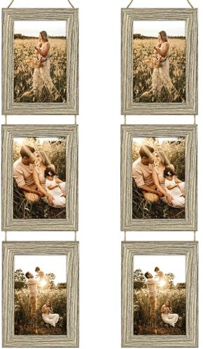 2 cornici portafoto con spago da 15 x 10 cm, in legno, da appendere, multiple, cornici per foto in legno massello, per soggiorno o ufficio, grigio