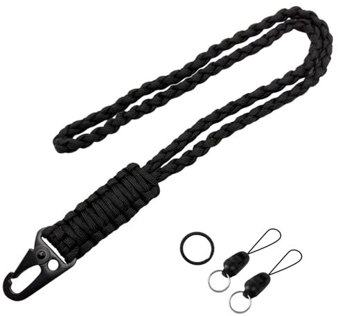 GYHWOFUL Paracord Schlüsselanhänger, Lang Schlüsselband Schwarz-55CM, Schlüsselbänder mit Metall Ring und 2 Stück Mini Abnehmbare Geflochtenes, Neck Lanyard für Ausweishalter, Schlüssel, im Freien