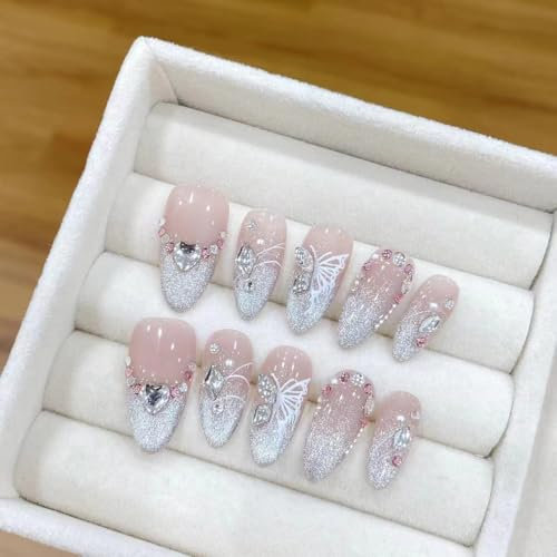 Nail enhancement with clear pink cat eyes, hand worn nails Press on Nail Short Fake Nail Tips(Pink Long,Xs)