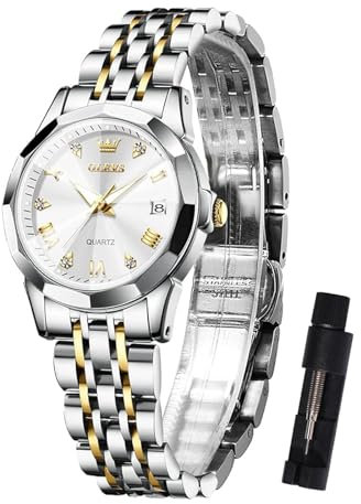 OLEVS Damen Uhr Gold Silber Edelstahlband Analoger Quarz Damenuhr Klassisches Luxus Weiß Kleines Gesicht Römische Ziffern Diamanten Uhr Damen Leuchtend Wasserdicht mit Datum Watches for Women