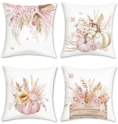 Bonhause 4er Set Kissenbezüge Herbst Kürbis 45 x 45 cm Beige Rosa Blumen Blätter Dekorative Kissenhülle Zierkissenbezüge für Sofa Schlafzimmer Zuhause Garten Dekoration