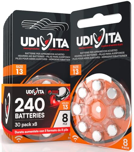 240 Piles Auditives Taille 13 Udivita PR48 (Orange) Zinc-Air Hearing Evolution avec Technologie Phono Pulse - 30 Blisters de 8 Piles