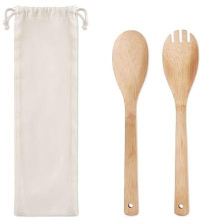 Grands couverts à salade en bambou respectueux de l'environnement et durables - Cuillère à salade - Fourchette à salade - Couverts en bois - Ustensiles de cuisine dans un sac en coton - 32 x 9 cm