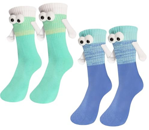 Kinretixia 2 Paar magnetische Hand-in-Hand-Socken, lustige 3D-Freundschaftssocken, Magnet, mittlere Röhre, lustige magnetische Paarsocken, Geschenke, dunkelblau/grün
