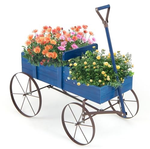 RELAX4LIFE Blumenständer mit 4 Rädern aus Metall, Pflanzwagen aus Massivholz, Holzwagen bis zu 15 kg belastbar, Blumenkasten für Garten & Balkon & Terrasse, Blumenwagen Bollerwagen Deko (Blau)