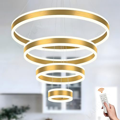 LAMPLAY Runde Moderne LED-Pendelleuchte, 4 Golden Ring-Kronleuchter, Dimmbar Mit Fernbedienung 3000K-6000K Deckenleuchte, Höhenverstellbar, Wohnzimmer, Schlafzimmer, Esszimmer(Ø20+40+60+80cm)