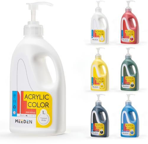 MEEDEN Bulk Acrylic Paint Set: 6 Basic Colors 1 L /33.8 oz Large Acrylic Paint with Pump Lid - Soft Body Art Paints for Canvas, Studio, School, Wall & Poured Paintings