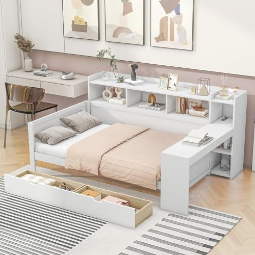 Huayz Schlafsofa 90x200cm,Daybett, Tagesbett, Nachttischablage und Untertischablage, Bett mit Steckdose und USB-Anschluss, 2 Schubladen, Schreibtisch, ohne Matratze, Spanplatte