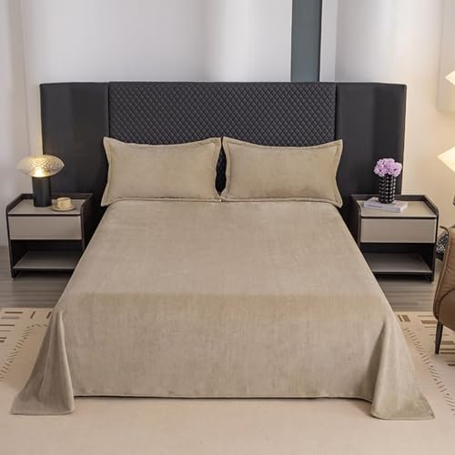 Mesnt Bettlaken ohne Gummizug, 230x250cm Einfarbig Betttuch mit 2 Kopfkissenbezügen aus Samt Weich und Knitterfrei, Khaki