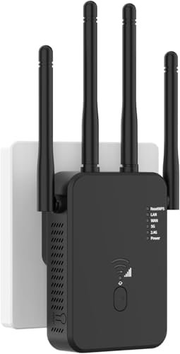 WLAN Verstärker, 2025 1200Mbit/s WLAN Repeater, 5G & 2.4G Dualband Ultraxtender WiFi Verstärker Signalverstärker mit 1 LAN Port, 1 WAN Port, WPS, Kompatibel Allen Routern