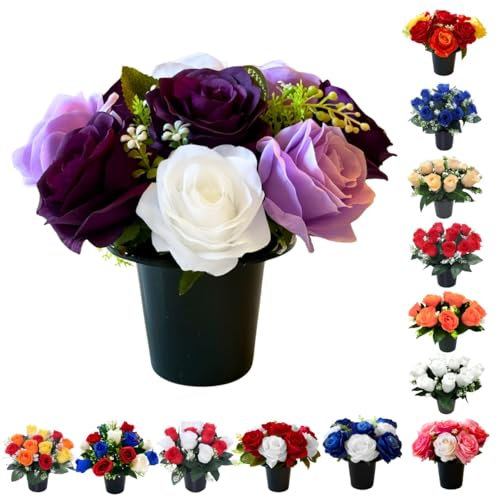 Caliko Premium silk flowers for graves | Grave Flower Pots | Purple & Ivory Artificial Flowers for Graves in Pots | Perfect for Cemetery Decor, Christmas Tributes & Memorial Elegance.