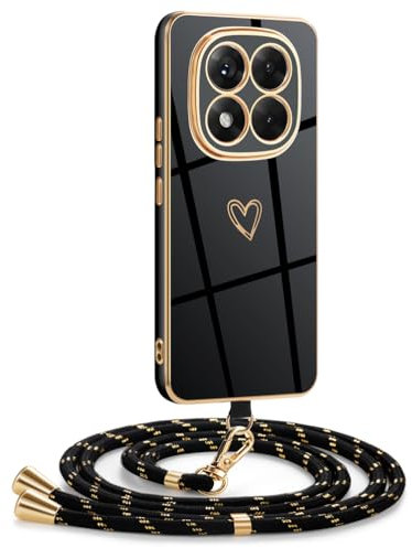 Mkej Funda para Xiaomi Redmi Note 14 Pro 4G con Cuerda, Silicona diseño de corazón con Chapado en Oro de Lujo, Ajustable y Retirable Cordon Carcasa Case para Xiaomi Redmi Note 14 Pro 4G, Oro Negro