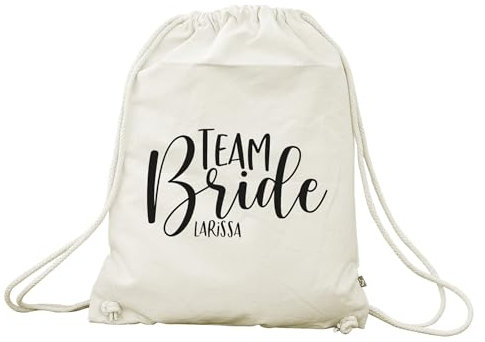 Herz & Heim® Personalisierter Turnbeutel Team Bride – JGA Rucksack mit Name – Hochzeitsbeutel für Junggesellenabschied – Baumwollbeutel mit Kordelzug (Natur)