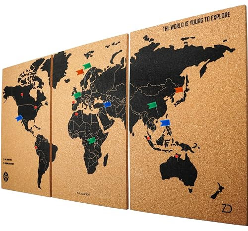 Zinello Design – Carte du Monde en Liège – Tableau Décoration Murale 60x30 cm – 3 Panneaux Autocollants – Punaises Colorées Incluses – Poster Écologique Voyage à Personnaliser