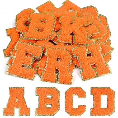 CHRORINE 26/52/104 Pcs Self Adhesive Chenille Letter Patches A-Z, Also Supports Sew or Iron on, Embroidered Alphabet Patches Stickers for DIY Clothing, Bags, Hats (26, Orange, Height 2.16″)