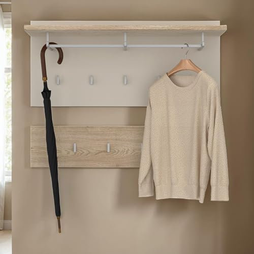 IDIMEX Wandgarderobe Bilbao 2-teilig, Cremona Eiche/Kaschmir, bietet neun Kleiderhaken, eine Kleiderstange und eine Hutablage. Weitere Features: Garderobenpaneel, Flurgarderobe, Garderobenset