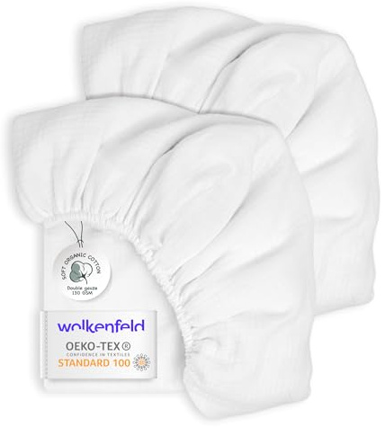 Wolkenfeld Spannbettlaken 60x120 Baby – 2er Set aus atmungsaktiver Musselin-Baumwolle – Weich & Sanft zur Haut – Passend für Matratzen bis 10 cm (Weiß-Weiß)
