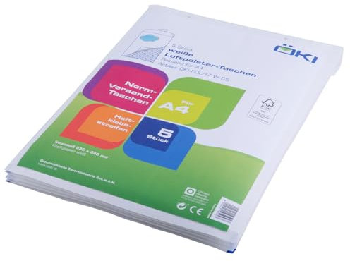 ÖKI Luftpolstertaschen - Luftpolsterumschläge inkl. Haftklebestreifen, 5 Stück, A4 Luftpolster-Taschen, Gepolsterte Briefumschläge,Versandtaschen, Weiß