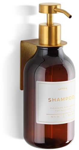 Shampoo & Conditioner Dispenser - Shower Soap Dispenser Wall Mounted - 500 ml Plastic Bottle with Pump & Holder - Shampoo Dispenser - Shower Dispenser Chamber No Drill (1 X Amber/Gold)
