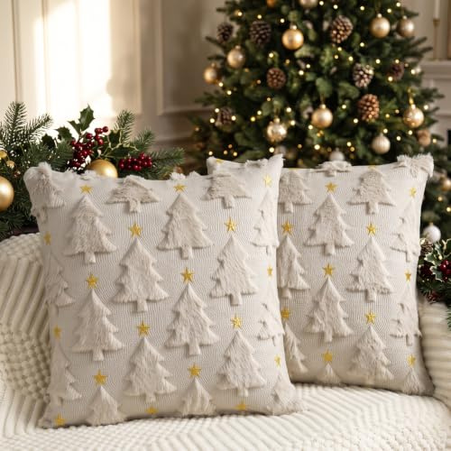 Miaikoe Weihnachtskissenbezüge 50x50 cm 2er Set Beige Weihnachtsbaum Stern Kissenbezüge weiche Plüsch Fälschungsfell für Feiertage Winter Zuhause Coach Sofa Dekoration