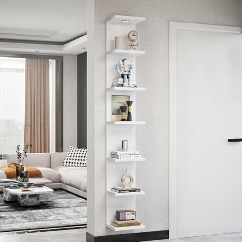 TWSOUL Wandregal mit 7 Ablagen, Schwimmende Lagerung Wandregal, Dekorative Wandmontage Vertikales Regal, Schweberegal Weiß, für Schlafzimmer, Wohnzimmer, Bad, Küche, Büro, 195cm