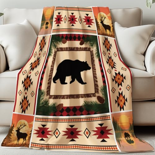 GLOBLELAND Retro Stil Bär Kuscheldecke 150x130CM Hirsch Sanft Flanell Weiche Wohndecke Decke Für Zuhause Büro Zimmer Bett Sofa Stuhl Geschenk