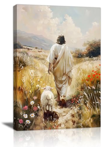 Jesus Verlässt Die 99 Schafe Leinwand Bilder mit Rahmen Jesus und Lamm Wandbilder Christ Das Verlorene Schaf Bild Auf Leinwand Leinwandbilder Deko Wanddekoration für Wohnzimmer Kirche Gebet 30X40cm