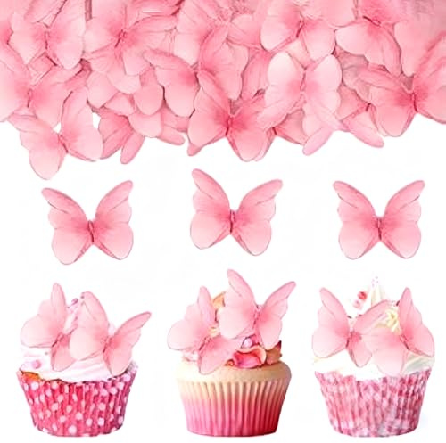 YAZWUR Confezione da 48 Farfalle Commestibili per Decorazioni Torte, Topper Cupcake, Decorazioni per Compleanni, Matrimoni, Bambine (Rosa)