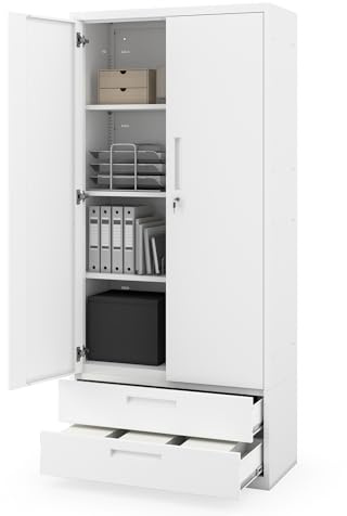 Jan Nowak Aktenschrank Büroschrank Metall mit 2 Schubladen, 195x90x40 cm | Dokumentenschrank, Ordnerschrank abschließbar mit 2 Schubladen, verstellbaren Fachböden, Stahlkorpus, Büro und Archiv