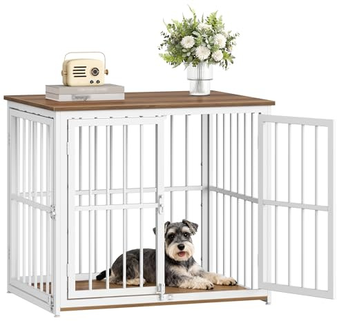Fobyfurny Hundekäfig Möbel, Hundebox, 80x60x70cm, Vintagebraun & Weiß | Hundebox für Zuhause mit 3 Türen, Beistelltisch, Hundekäfig Hochbelastbar, für Kleine und Mittelgroße Hunde FPDC011FWR1