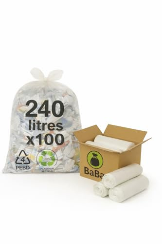 Babag | Sac Poubelle Transparent 240L x 100 | Épaisseur 30 Microns | Qualité professionnelle | Ultra-Résistant & Étanche | Anti-Odeur | Sans Lien de Fermeture | Plastique 100% Recyclé | 100 Sacs